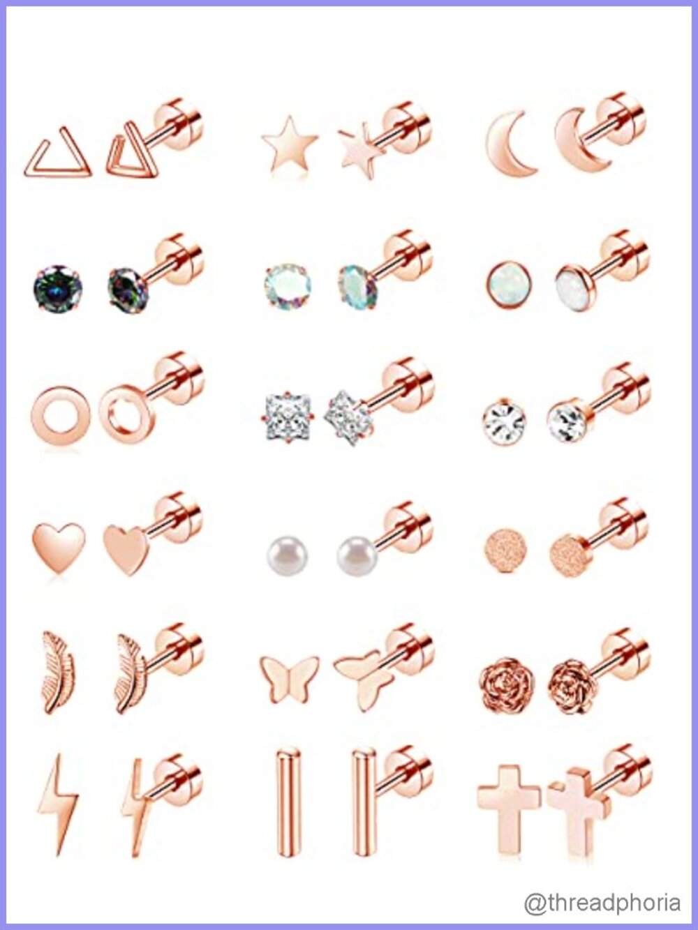 18 Pairs Flat Back Earrings 20G Surgical Steel Hypoallergenic Stud Set